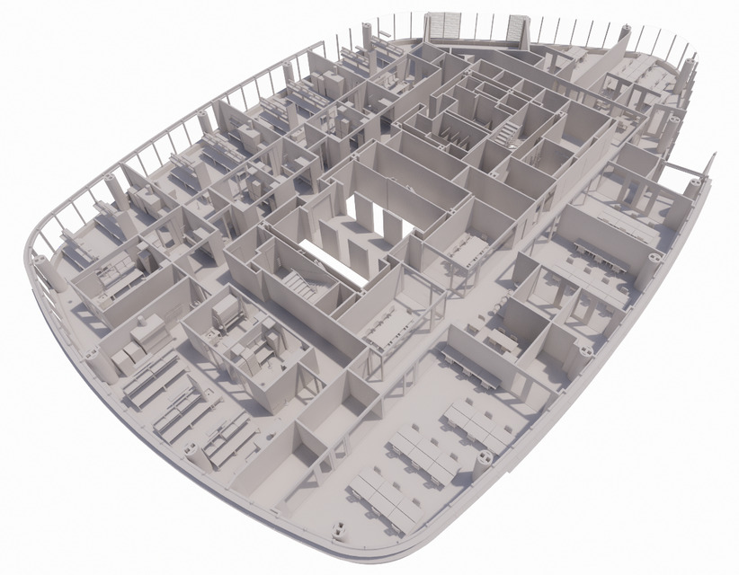 Architectural massing model of a curved lab floorplate
