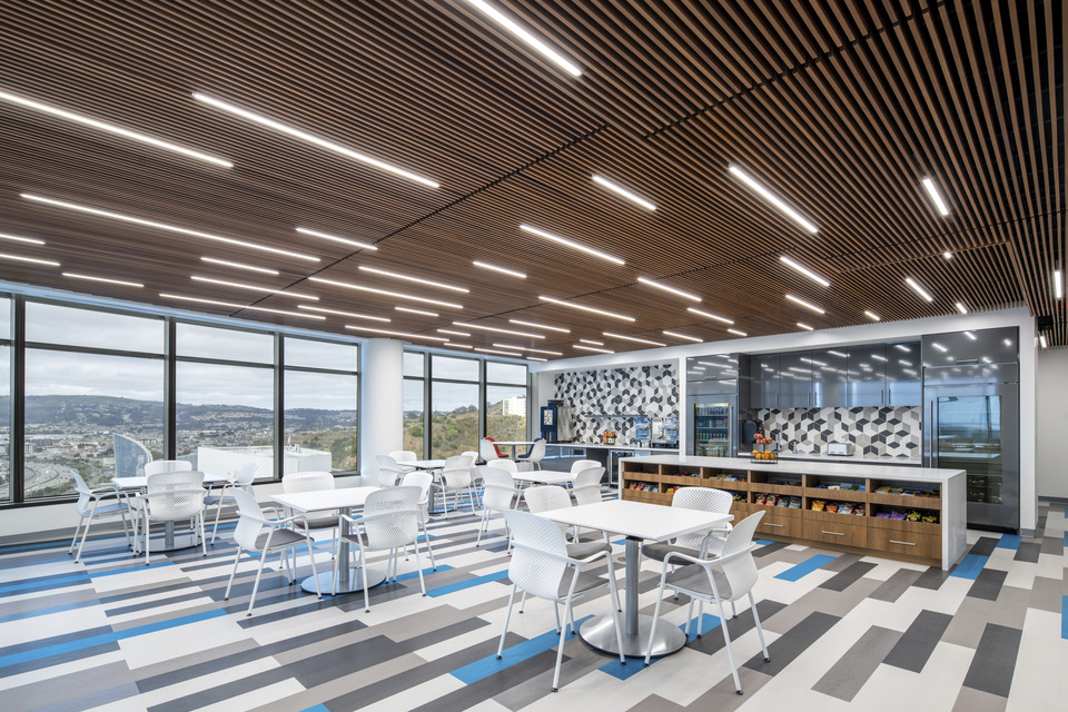 SmartLabs at 2 Tower Place, South San Francisco: café with Bay views